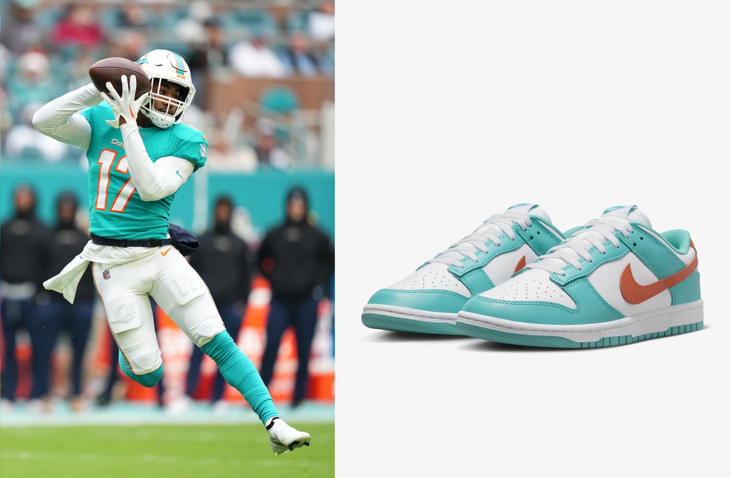 Miami Dolphins wide receiver Jaylen Waddle next to teal and orange Nike sneakers.